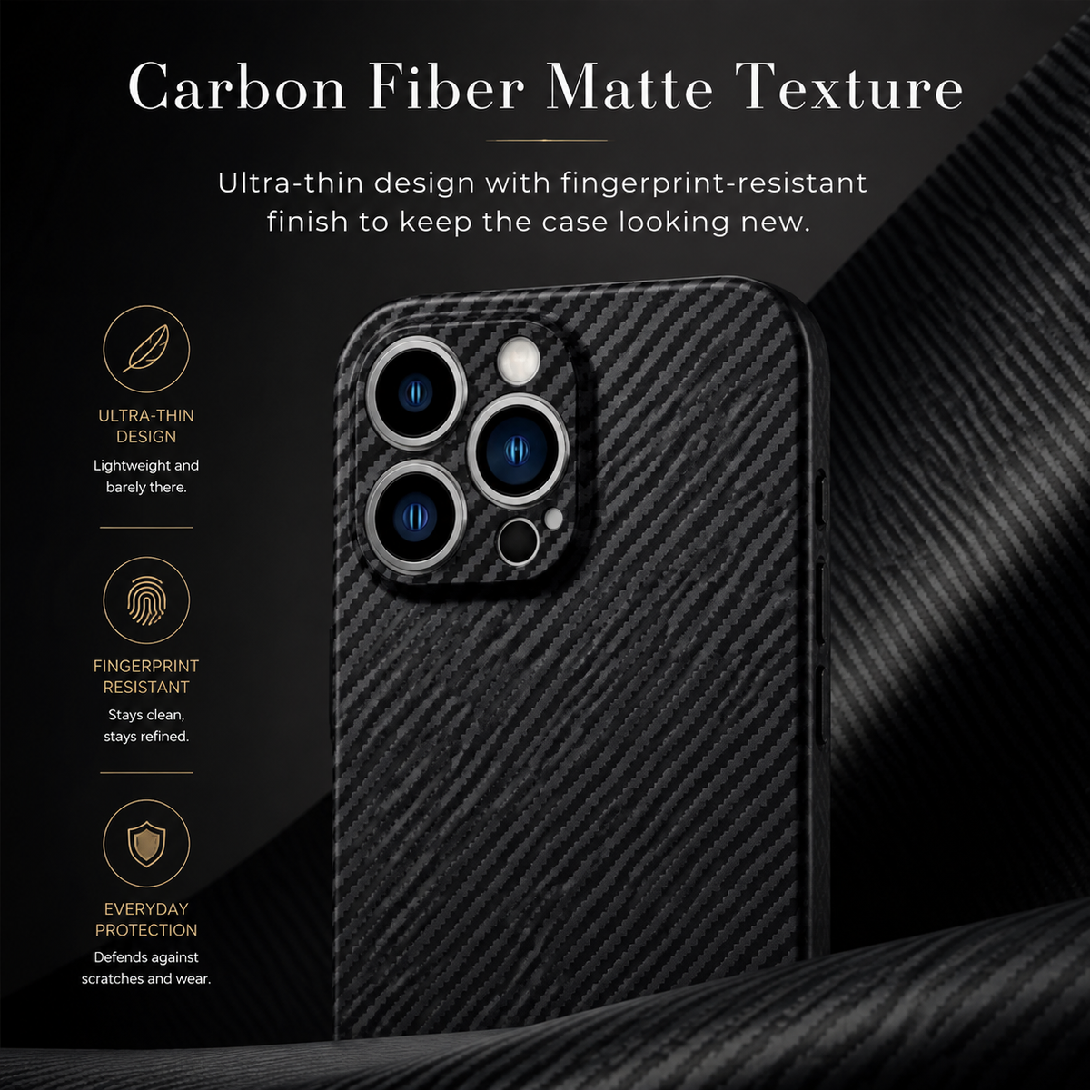 Premium iPhone Case Ultra Thin Carbon Fiber Matte Protective Cover Lightweight Scratch Resistant Slim Hard Back Minimalist Full Coverage Design