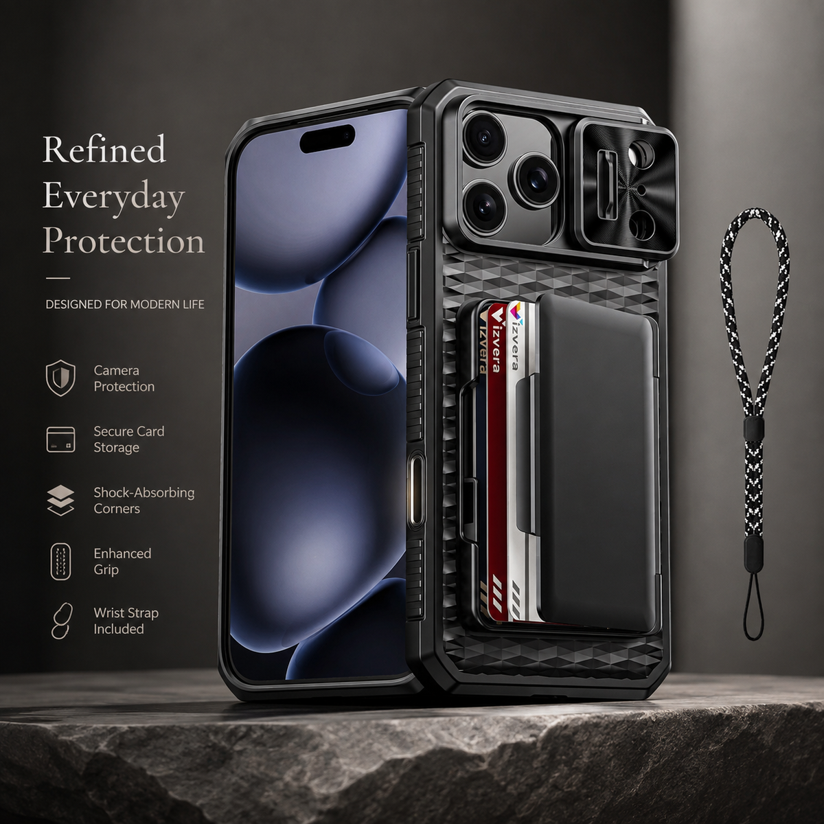 Premium iPhone Case Wallet Card Holder Camera Cover Kickstand Shockproof Full Body Protective Cover Anti Scratch Non Slip Tough Storage Lanyard Case