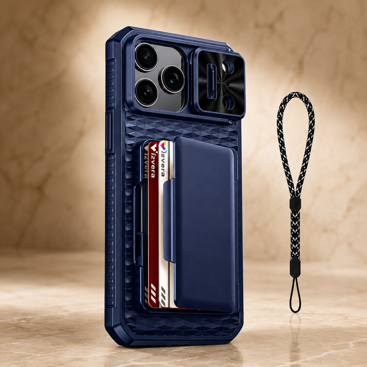 Premium iPhone Case Wallet Card Holder Camera Cover Kickstand Shockproof Full Body Protective Cover Anti Scratch Non Slip Tough Storage Lanyard Case
