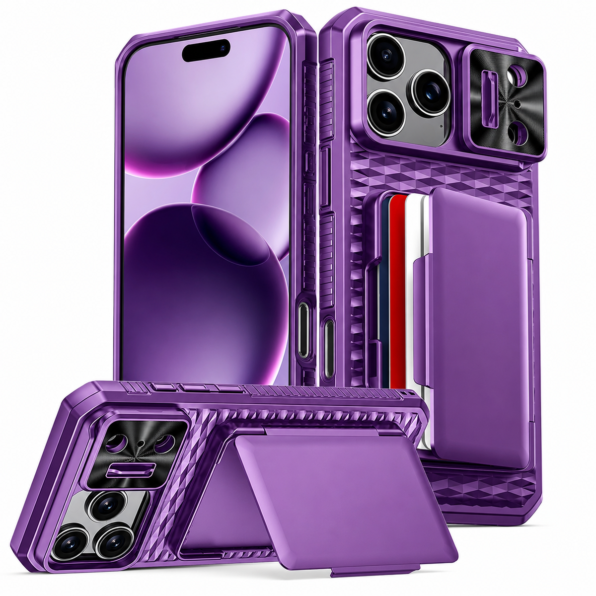 Premium iPhone Case Wallet Card Holder Camera Cover Kickstand Shockproof Full Body Protective Cover Anti Scratch Non Slip Tough Storage Lanyard Case