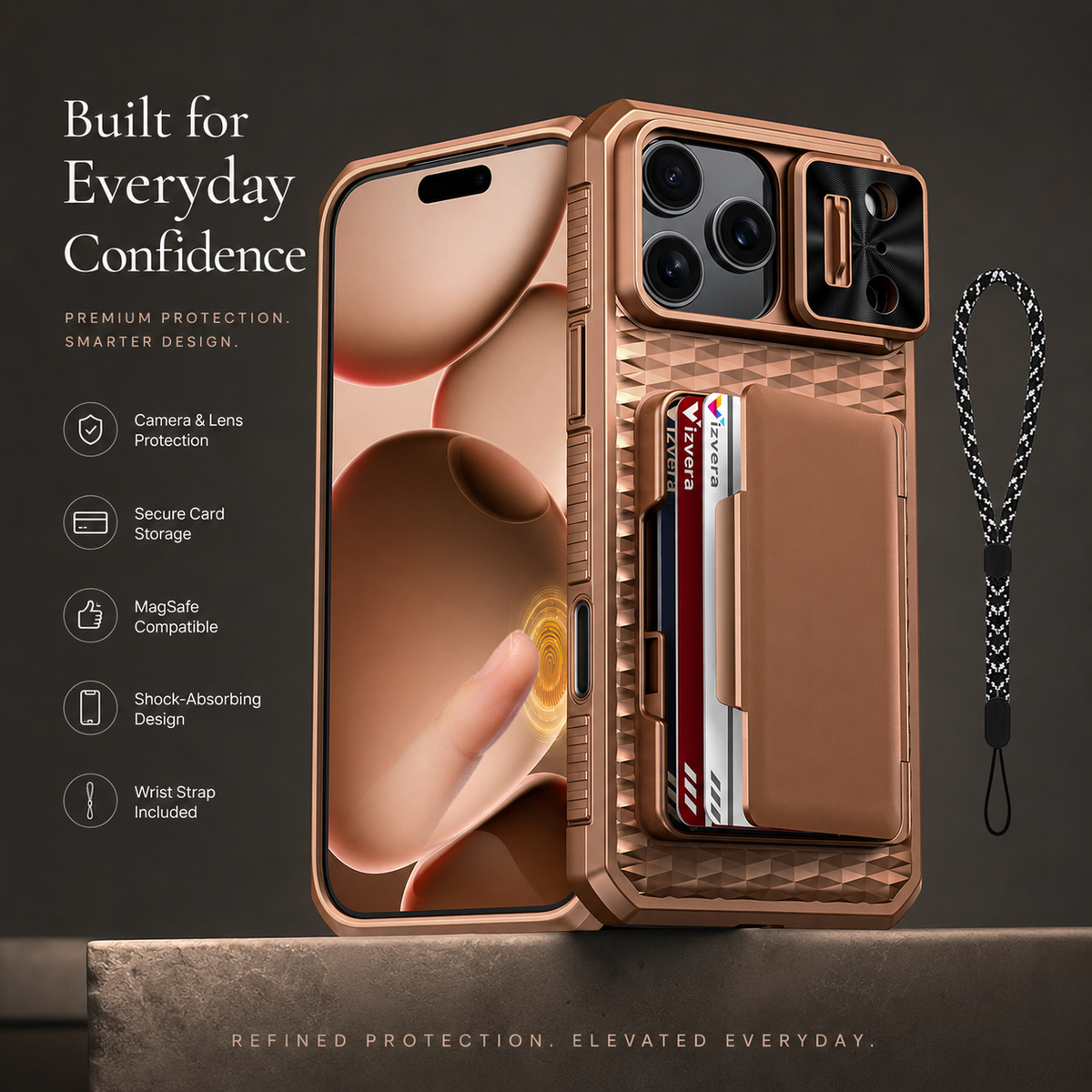 Premium iPhone Case Wallet Card Holder Camera Cover Kickstand Shockproof Full Body Protective Cover Anti Scratch Non Slip Tough Storage Lanyard Case
