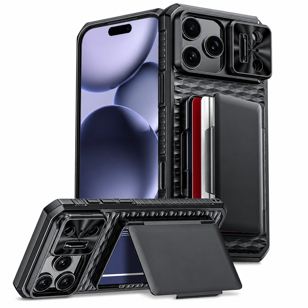 Premium iPhone Case Wallet Card Holder Camera Cover Kickstand Shockproof Full Body Protective Cover Anti Scratch Non Slip Tough Storage Lanyard Case