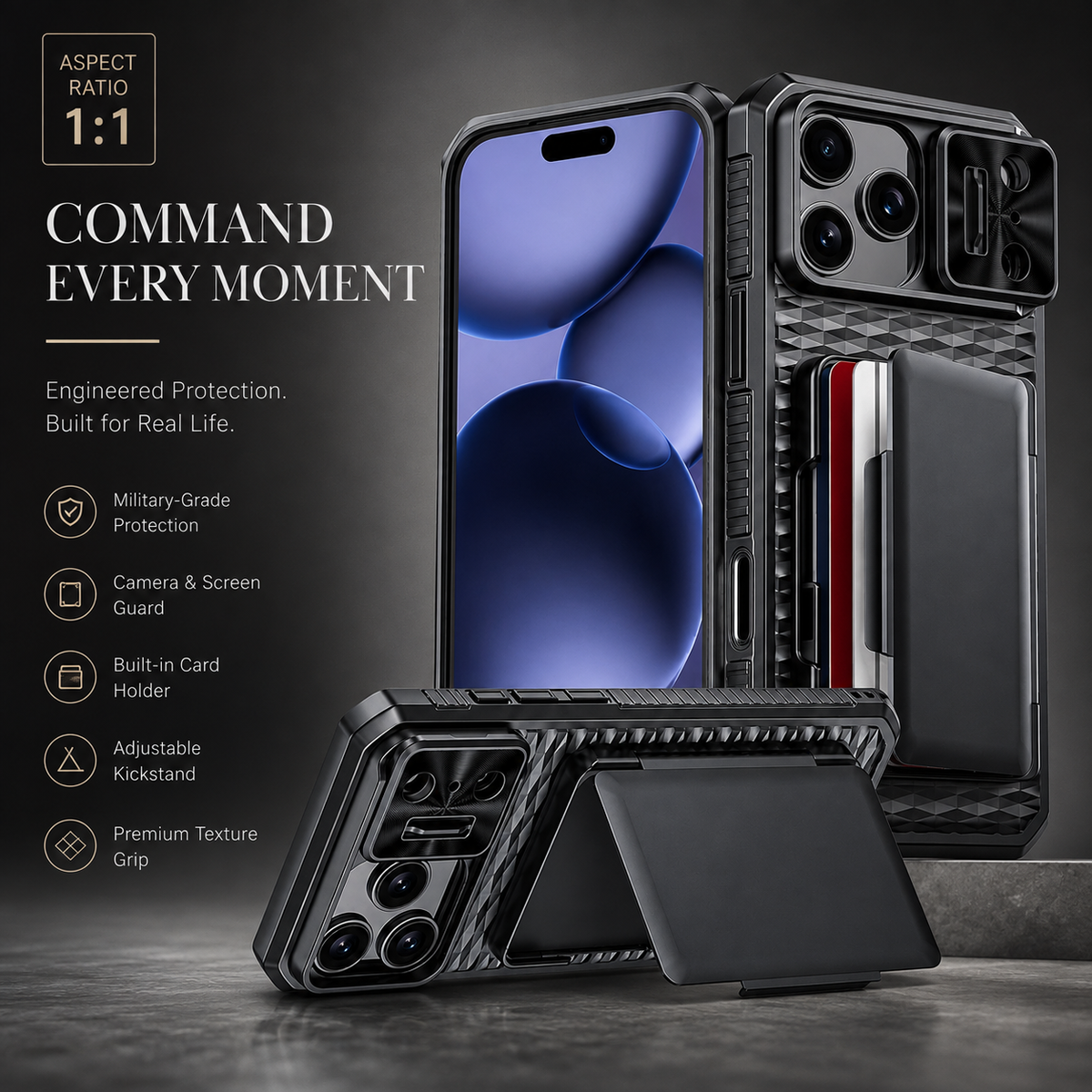 Premium iPhone Case Wallet Card Holder Sliding Camera Cover Stand Shockproof Dual Layer Heavy Duty Full Coverage Anti Scratch Slim Protective Design