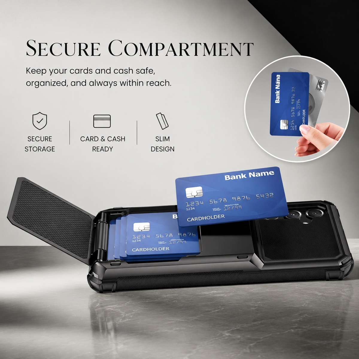 Premium iPhone Case Wallet Cover 5-Card Holder Hidden Flip Door Dual Layer Shockproof PC+TPU Raised Screen Lips Scratch Resistant Protective Case Slim