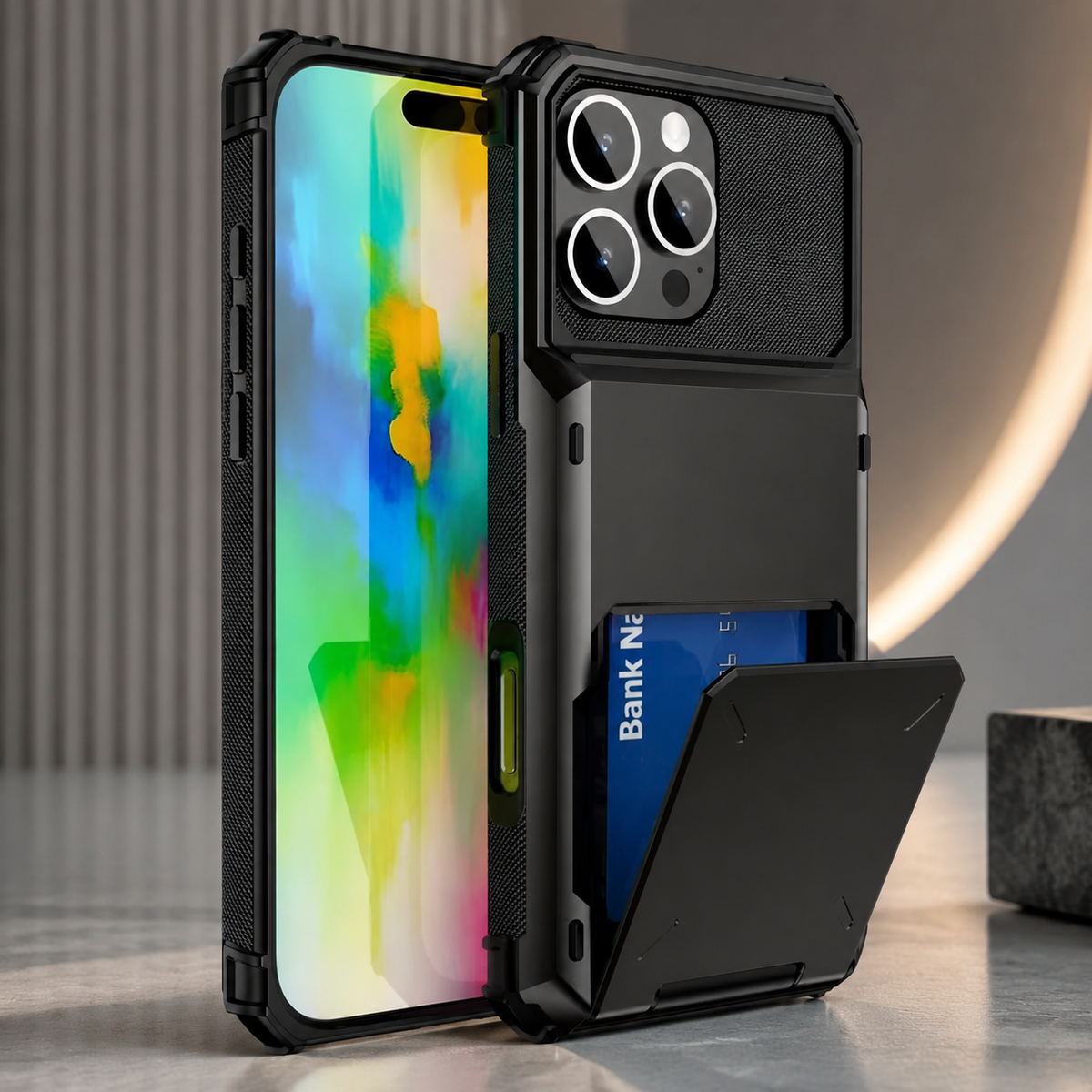 Premium iPhone Case Wallet Cover 5-Card Holder Hidden Flip Door Dual Layer Shockproof PC+TPU Raised Screen Lips Scratch Resistant Protective Case Slim