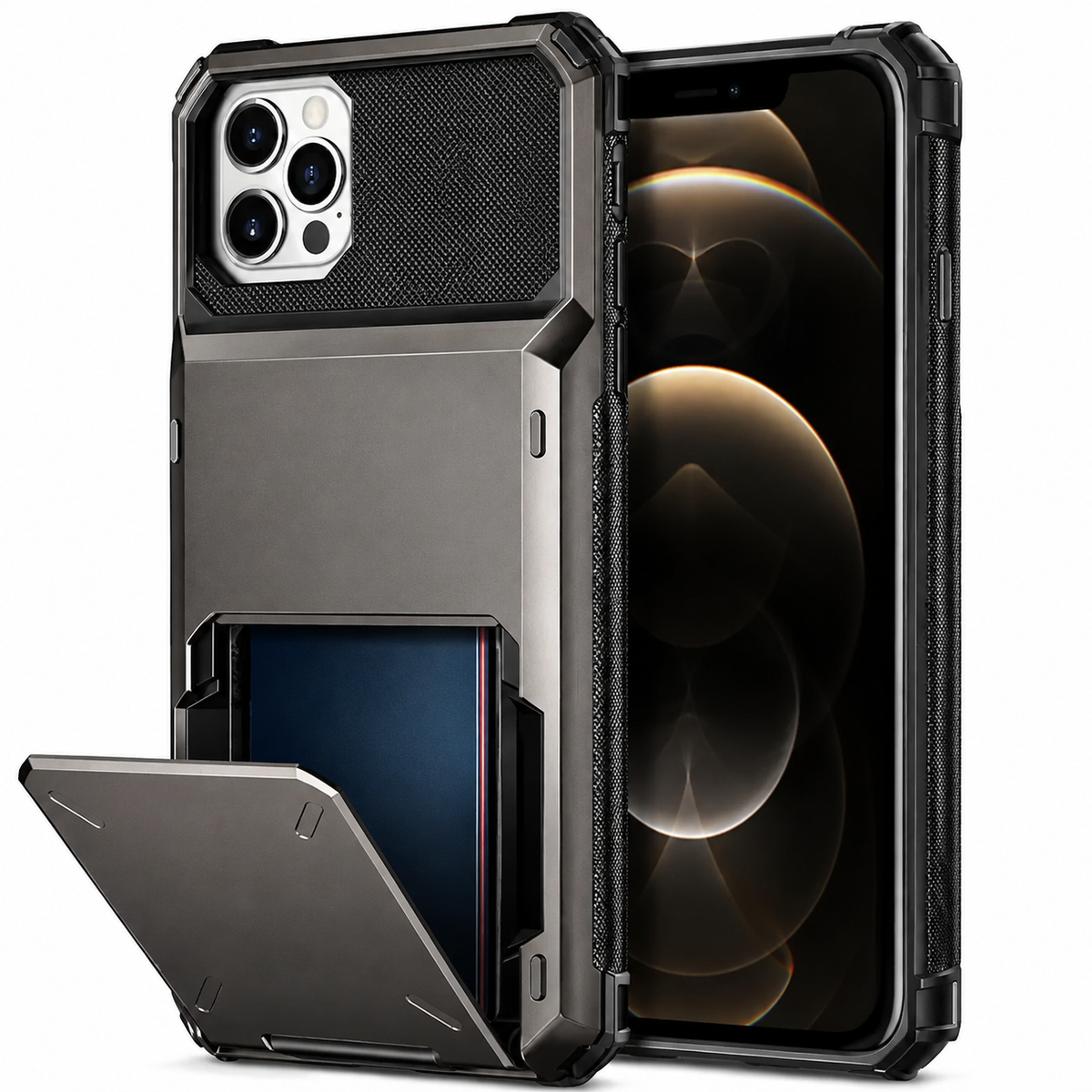 Premium iPhone Case Wallet Cover 5-Card Holder Hidden Flip Door Dual Layer Shockproof PC+TPU Raised Screen Lips Scratch Resistant Protective Case Slim