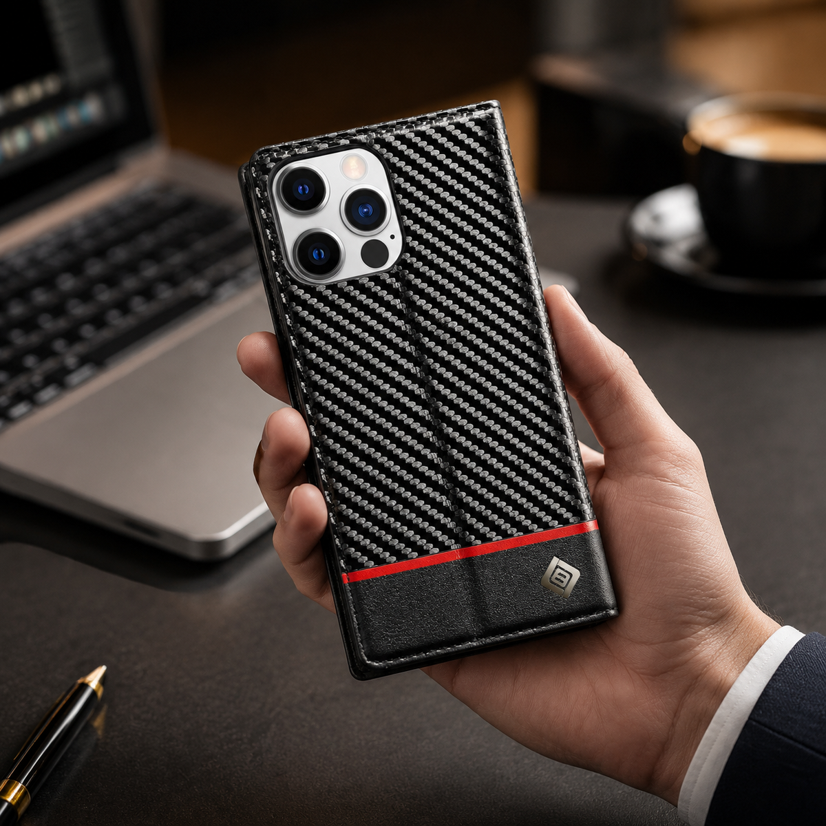 Premium iPhone Case Wallet MagSafe Compatible Carbon Fiber Leather Flip Cover Card Holder Stand Shockproof Camera Protection Slim Protective Design