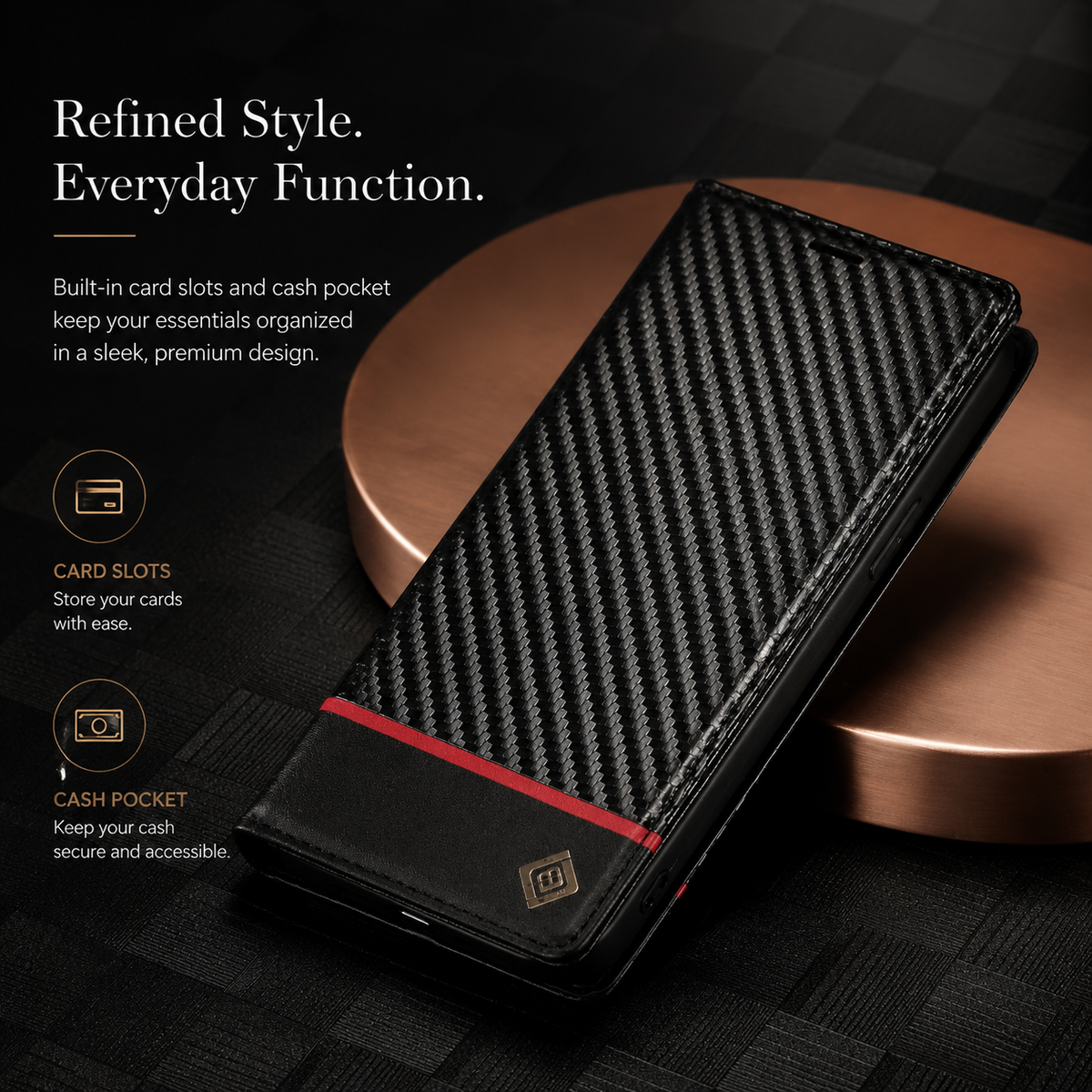 Premium iPhone Case Wallet MagSafe Compatible Carbon Fiber Leather Flip Cover Card Holder Stand Shockproof Camera Protection Slim Protective Design
