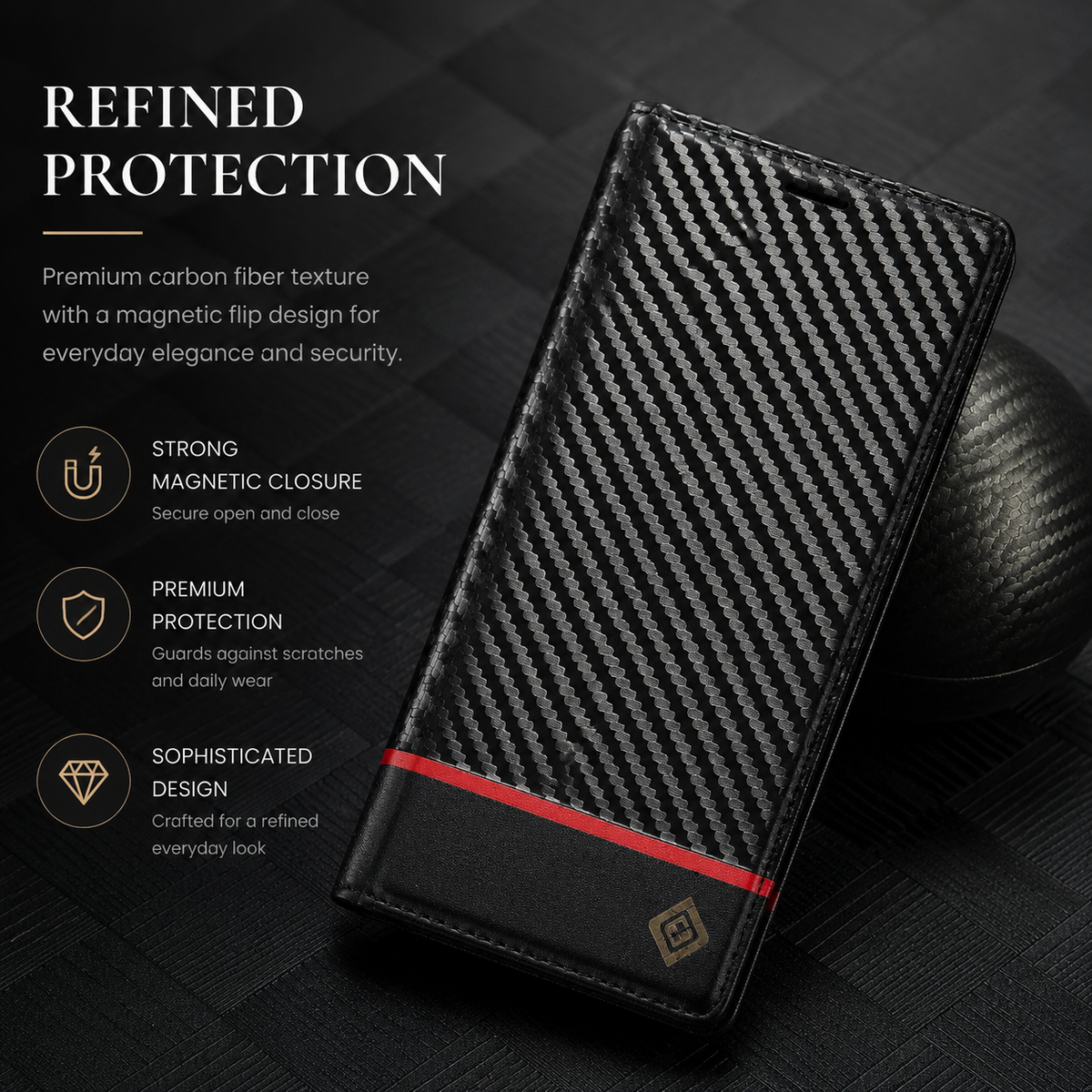 Premium iPhone Case Wallet MagSafe Compatible Carbon Fiber Leather Flip Cover Card Holder Stand Shockproof Camera Protection Slim Protective Design