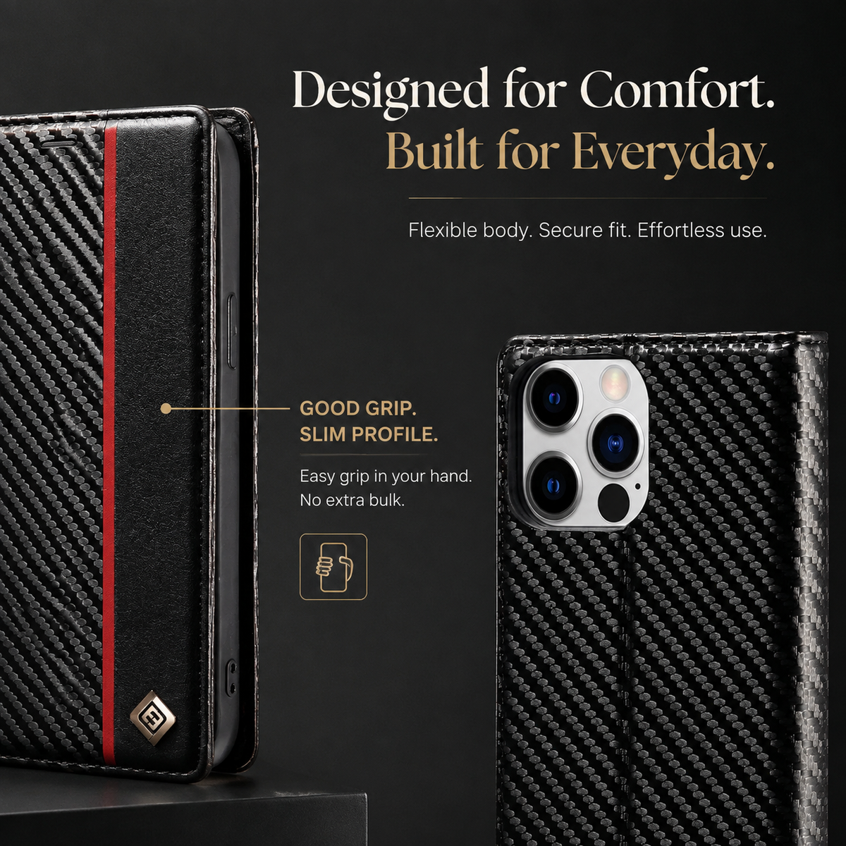 Premium iPhone Case Wallet MagSafe Compatible Carbon Fiber Leather Flip Cover Card Holder Stand Shockproof Camera Protection Slim Protective Design