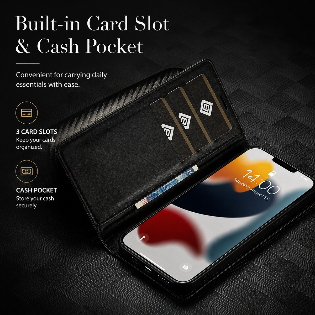 Premium iPhone Case Wallet MagSafe Compatible Carbon Fiber Leather Flip Cover Card Holder Stand Shockproof Camera Protection Slim Protective Design