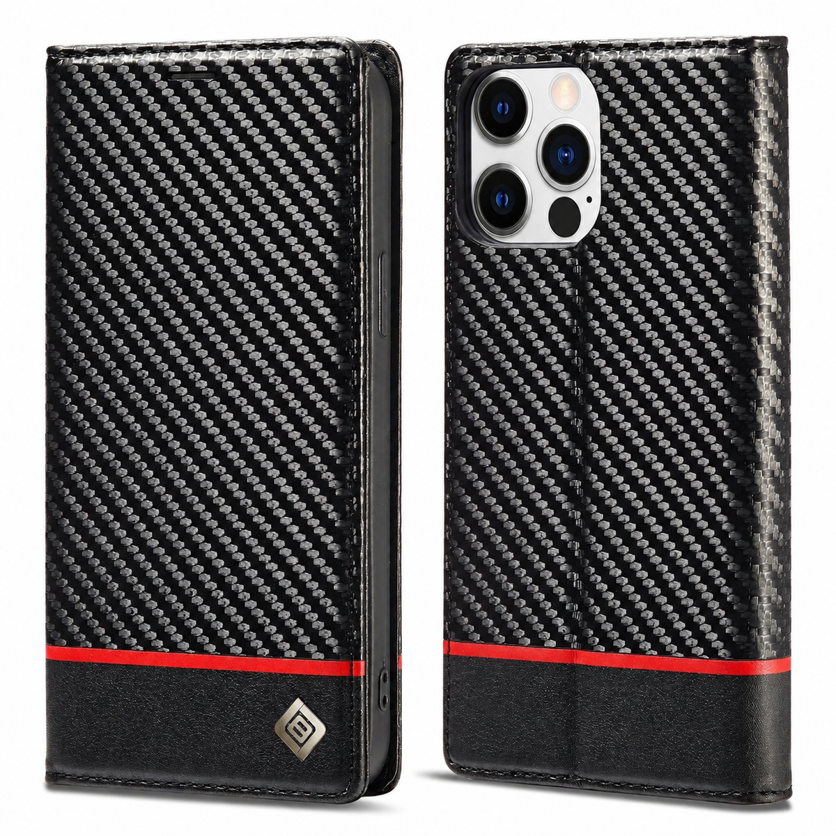 Premium iPhone Case Wallet MagSafe Compatible Carbon Fiber Leather Flip Cover Card Holder Stand Shockproof Camera Protection Slim Protective Design