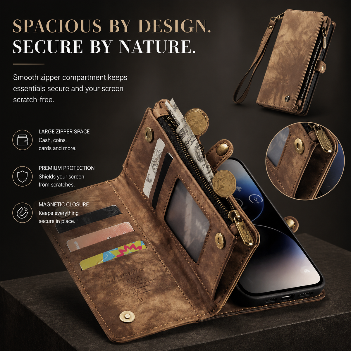 Premium iPhone Case Wallet MagSafe Compatible Detachable Leather Flip Cover Card Holder Stand Shockproof Camera Lens Protection Slim Design