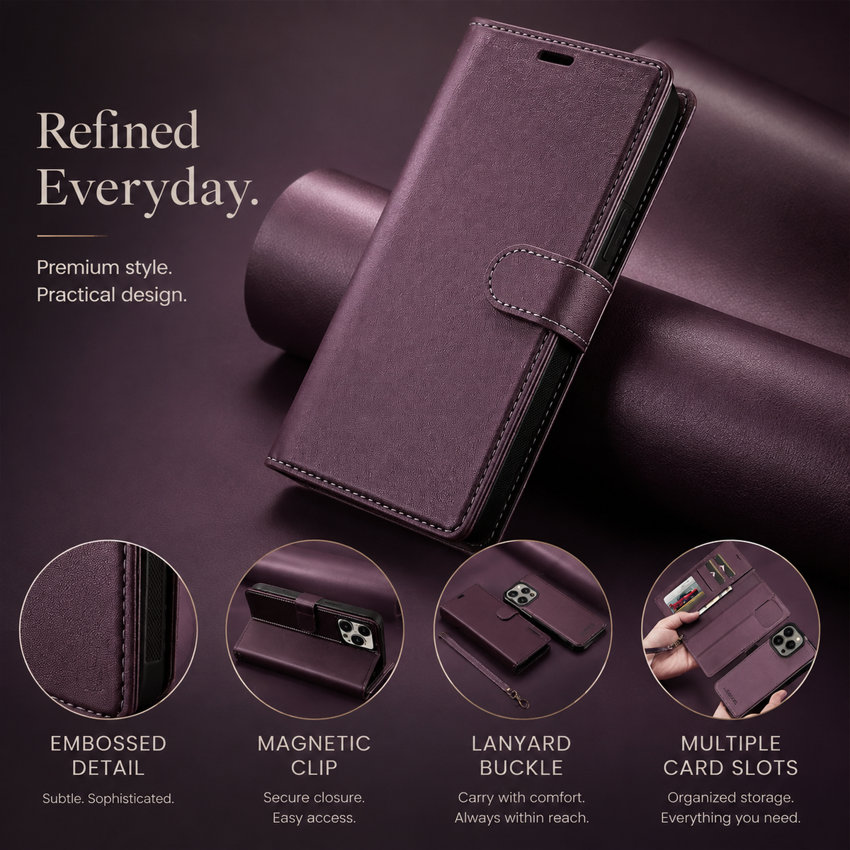 Premium iPhone Case Wallet MagSafe Compatible Detachable Leather Flip Cover Card Holder Stand Shockproof Camera Lens Protection Slim Design