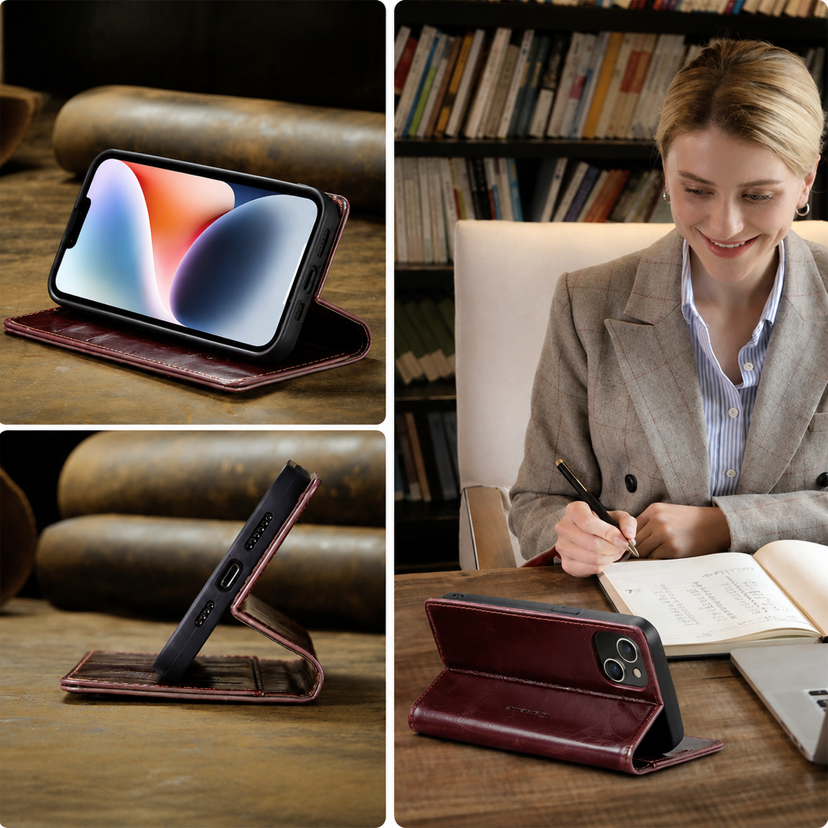Premium iPhone Case Wallet MagSafe Compatible Detachable Leather Flip Cover Card Holder Stand Shockproof Camera Lens Protection Slim Design