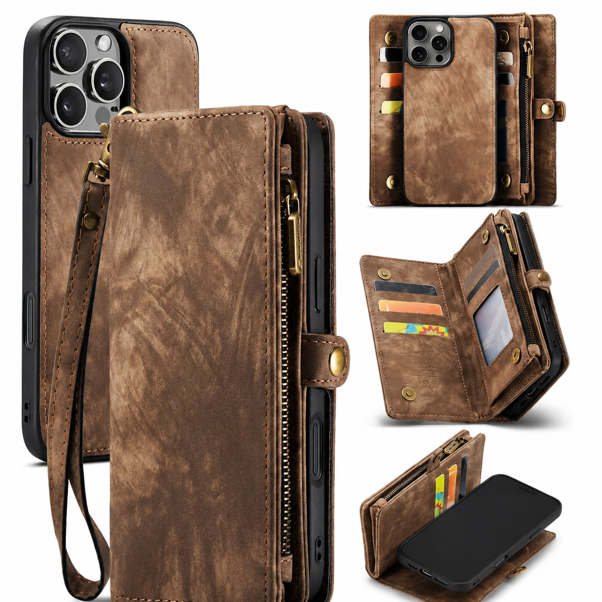 Premium iPhone Case Wallet MagSafe Compatible Detachable Leather Flip Cover Card Holder Stand Shockproof Camera Lens Protection Slim Design