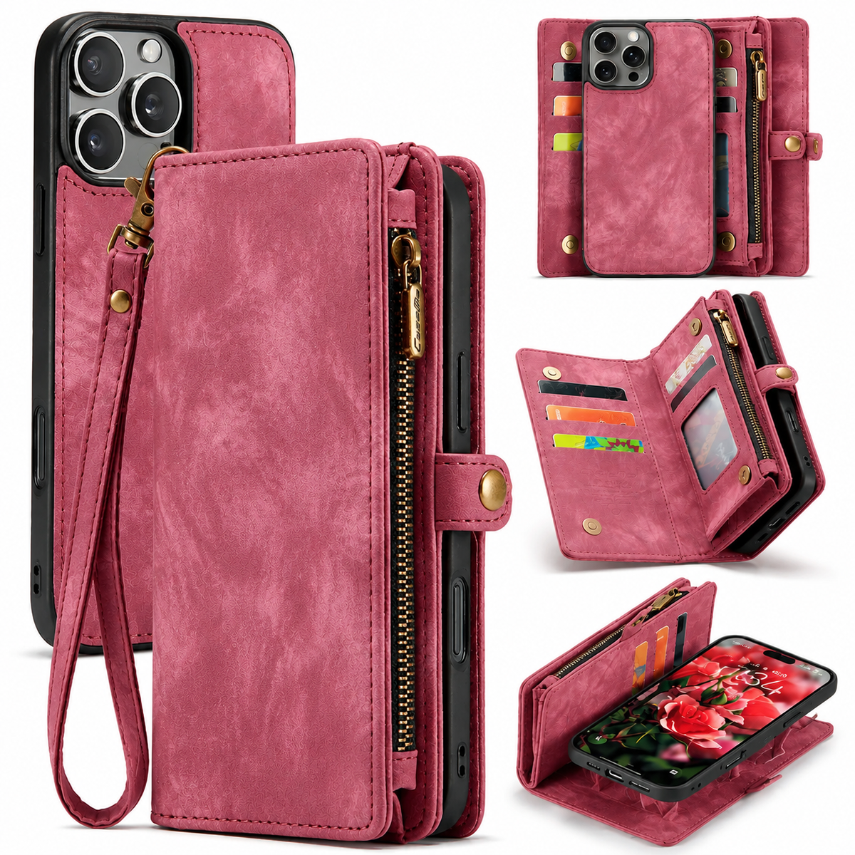 Premium iPhone Case Wallet MagSafe Compatible Detachable Leather Flip Cover Card Holder Stand Shockproof Camera Lens Protection Slim Design