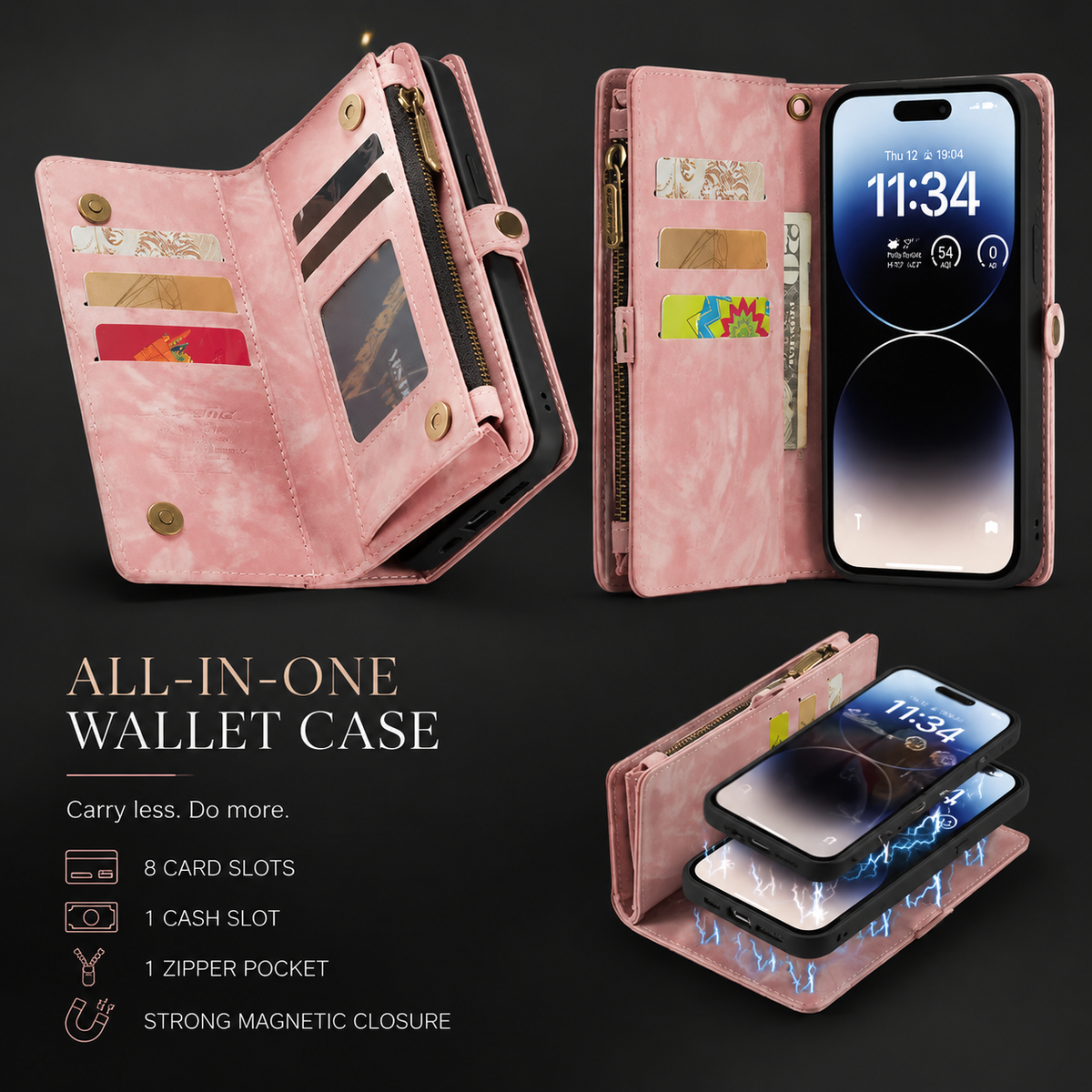 Premium iPhone Case Wallet MagSafe Compatible Detachable Leather Flip Cover Card Holder Stand Shockproof Camera Lens Protection Slim Design