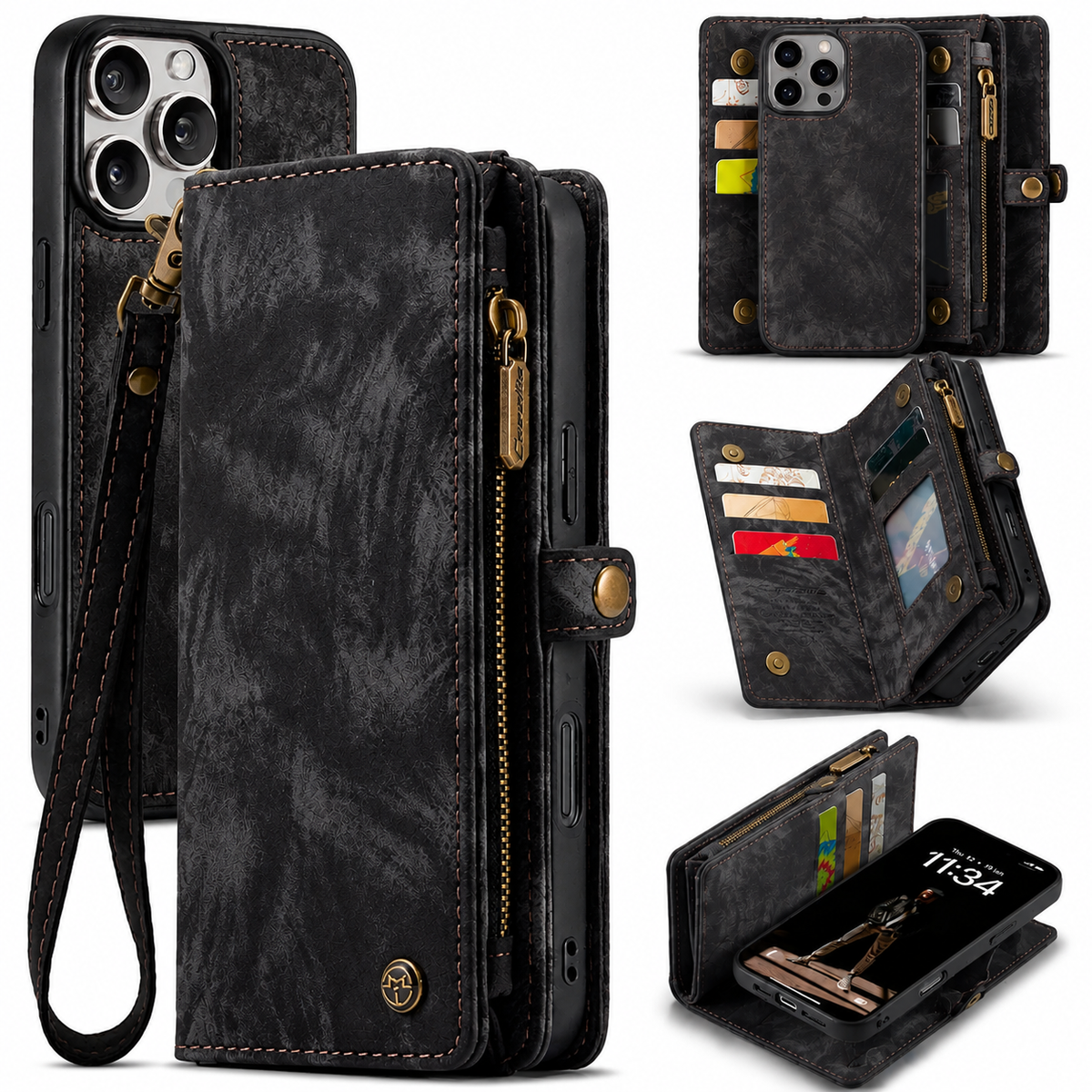 Premium iPhone Case Wallet MagSafe Compatible Detachable Leather Flip Cover Card Holder Stand Shockproof Camera Lens Protection Slim Design