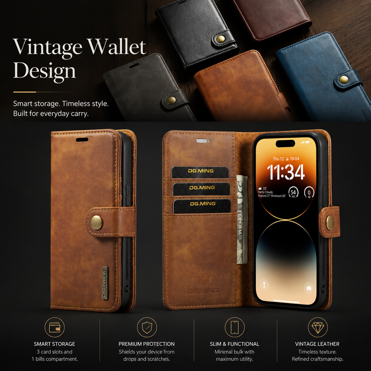 Premium iPhone Case Wallet MagSafe Compatible Detachable Magnetic Leather Shockproof Cover with Card Holder Camera Protection Slim Design