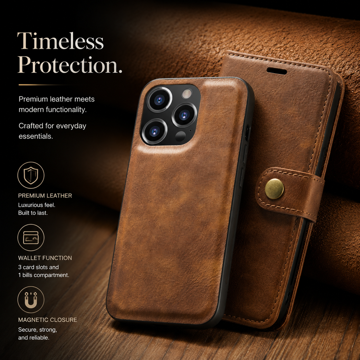 Premium iPhone Case Wallet MagSafe Compatible Detachable Magnetic Leather Shockproof Cover with Card Holder Camera Protection Slim Design
