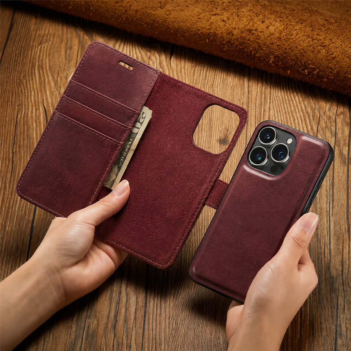 Premium iPhone Case Wallet MagSafe Compatible Detachable Magnetic Leather Shockproof Cover with Card Holder Camera Protection Slim Design