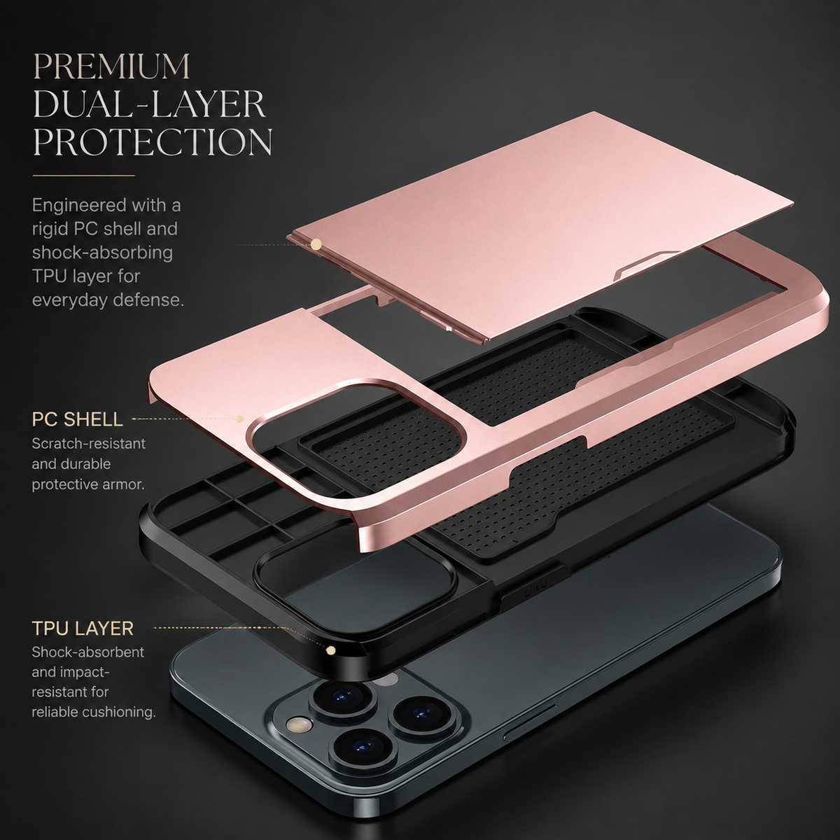 Premium iPhone Case Wallet MagSafe Compatible Dual Layer Slider Card Holder Shockproof Protective Cover Camera Lens Protection Slim Design