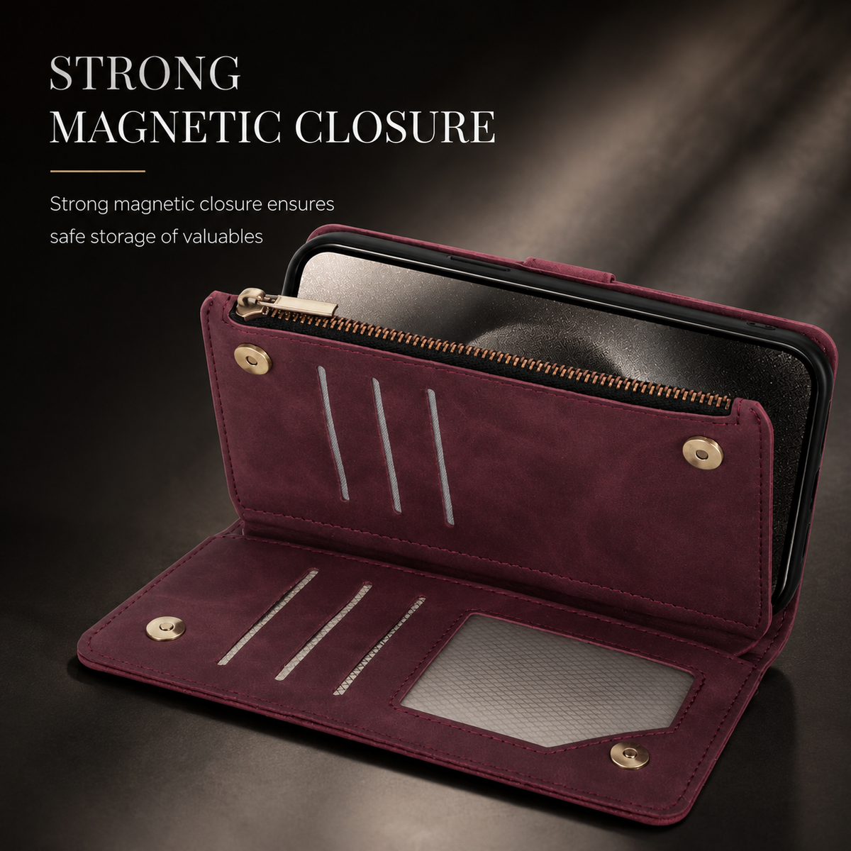 Premium iPhone Case Wallet MagSafe Compatible Leather Card Holder with Magnetic Closure, Shockproof Cover, Camera Lens Protection and Slim Design