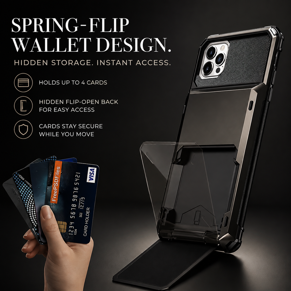 Premium iPhone Case Wallet MagSafe Compatible Magnetic 4 Card Holder Shockproof Protective Cover Camera Lens Protection Slim Design with Hidden Wallet