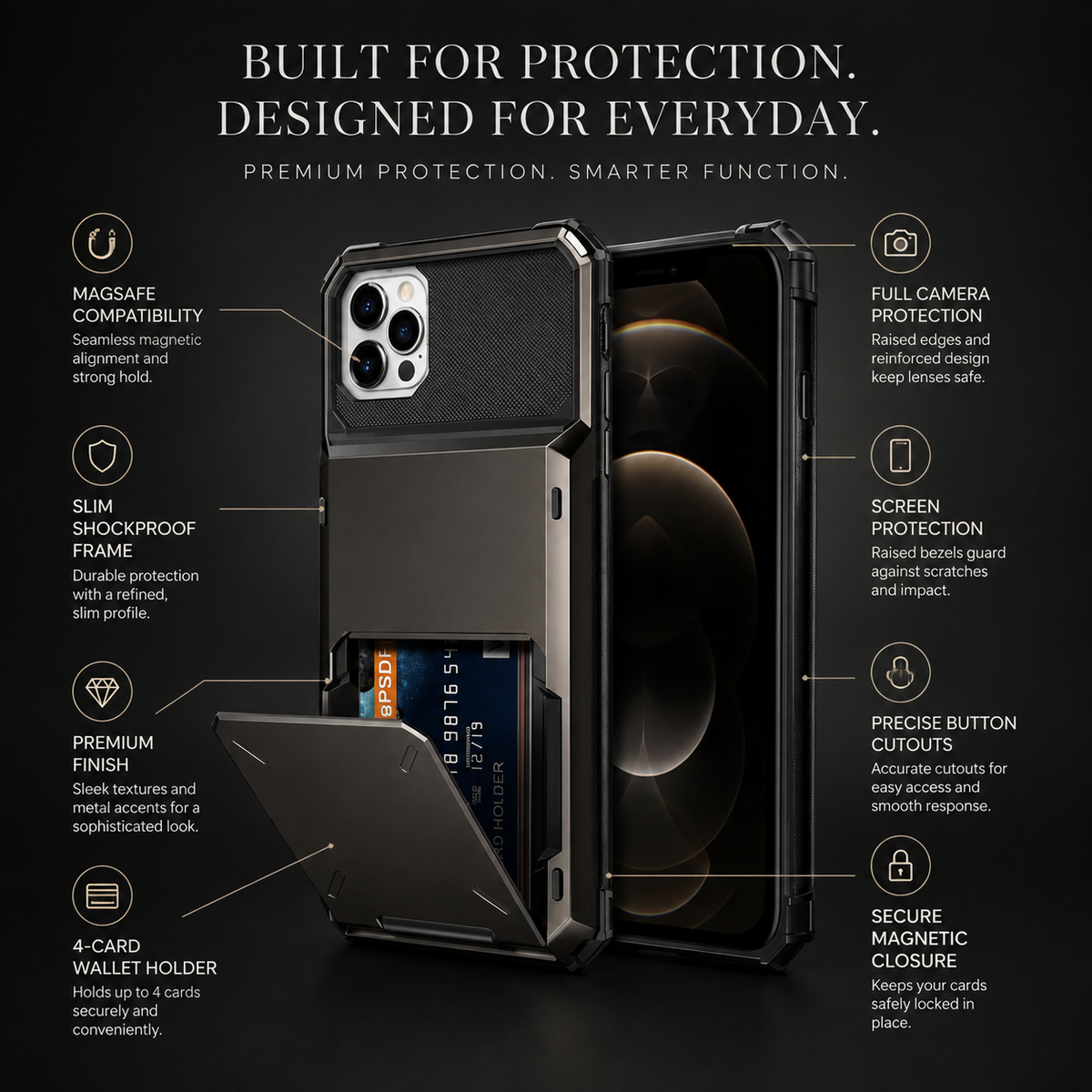 Premium iPhone Case Wallet MagSafe Compatible Magnetic 4 Card Holder Shockproof Protective Cover Camera Lens Protection Slim Design with Hidden Wallet