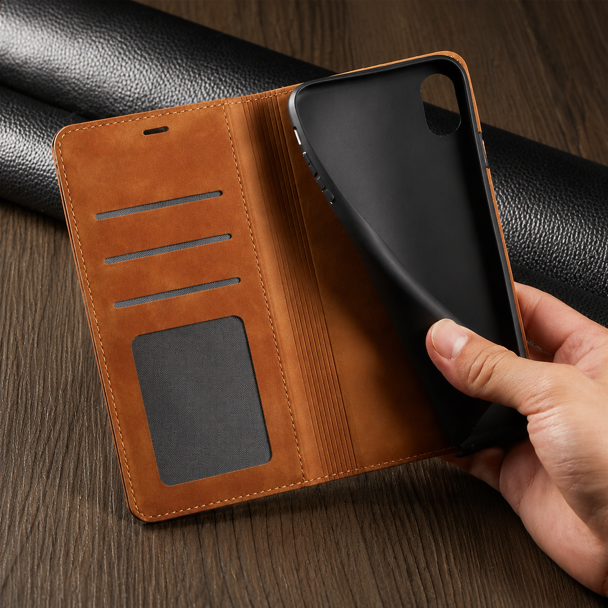 Premium iPhone Case Wallet MagSafe Compatible Suede Leather Flip Cover Card Holder Magnetic Closure Shockproof Full Body Camera Protection Slim Design