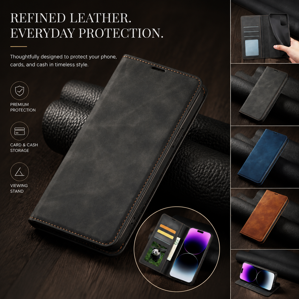 Premium iPhone Case Wallet MagSafe Compatible Suede Leather Flip Cover Card Holder Magnetic Closure Shockproof Full Body Camera Protection Slim Design
