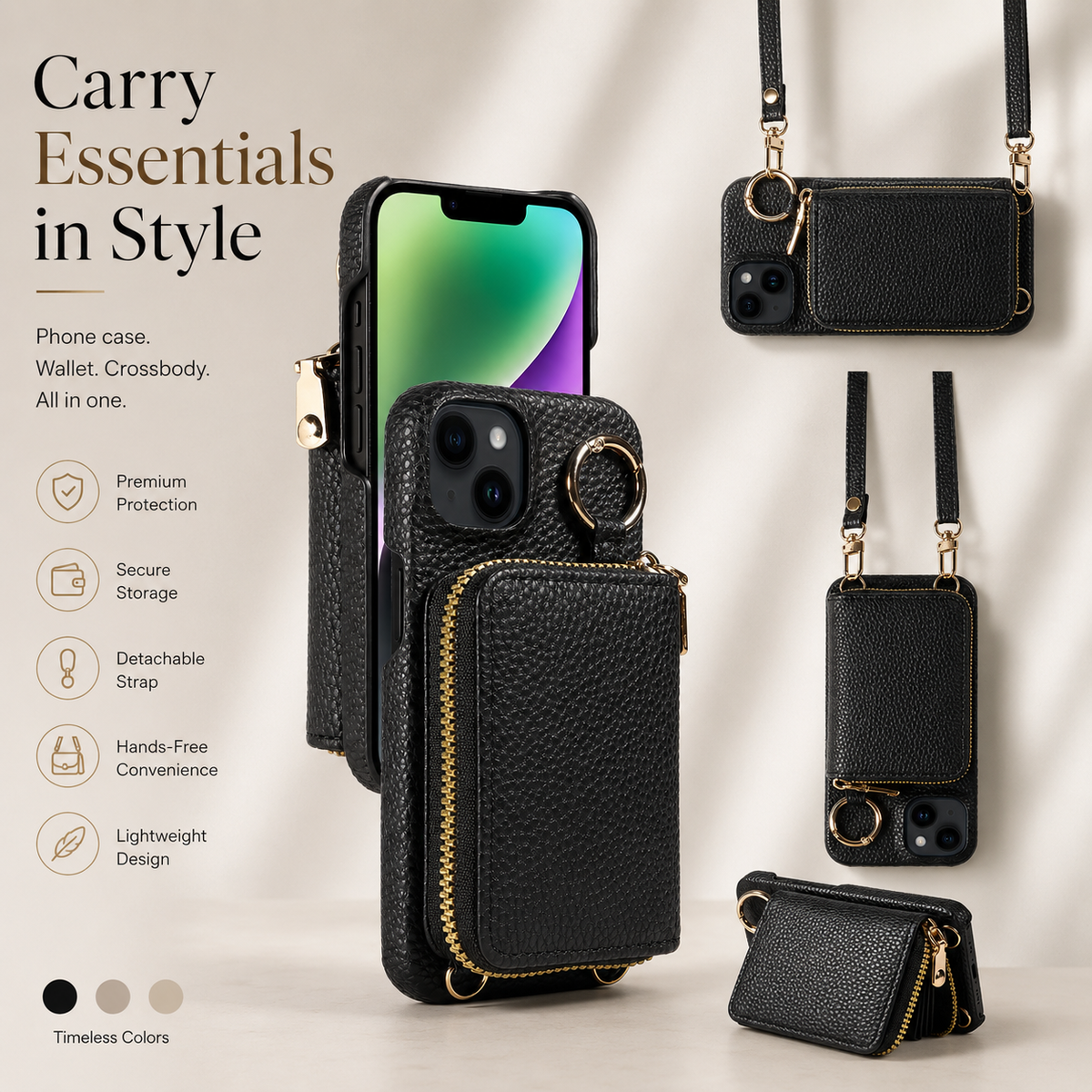 Premium iPhone Case Wallet MagSafe Compatible Zipper PU Leather Card Holder Crossbody Strap Magnetic Closure Shockproof Camera Protection Slim Design