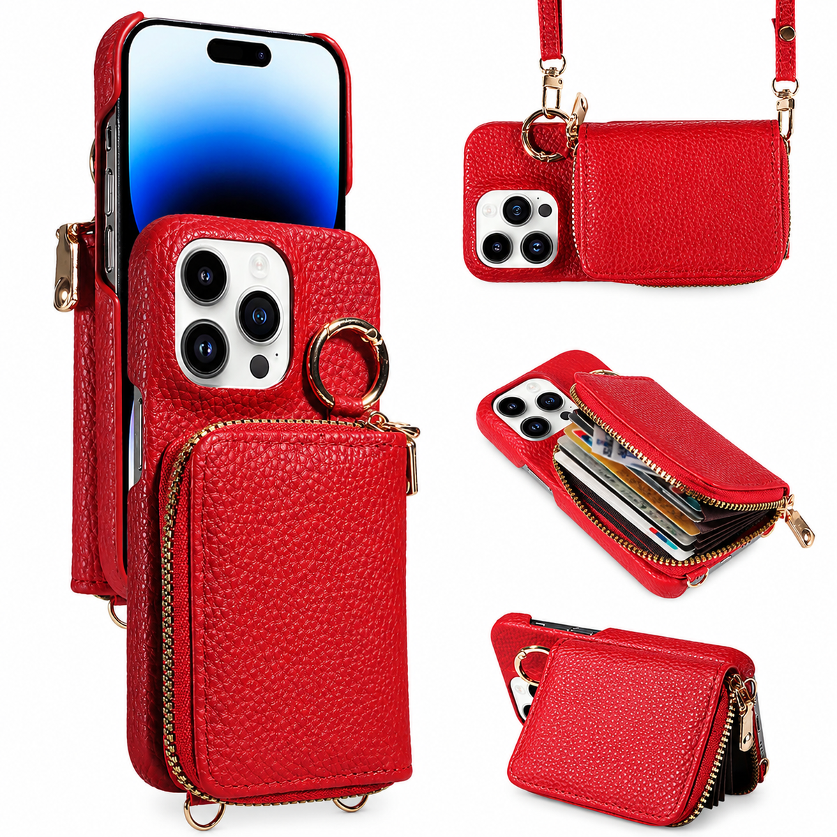 Premium iPhone Case Wallet MagSafe Compatible Zipper PU Leather Card Holder Crossbody Strap Magnetic Closure Shockproof Camera Protection Slim Design