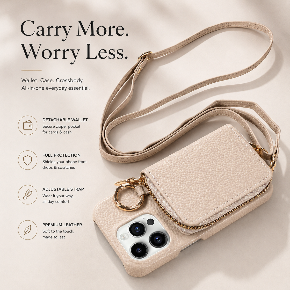 Premium iPhone Case Wallet MagSafe Compatible Zipper PU Leather Card Holder Crossbody Strap Magnetic Closure Shockproof Camera Protection Slim Design