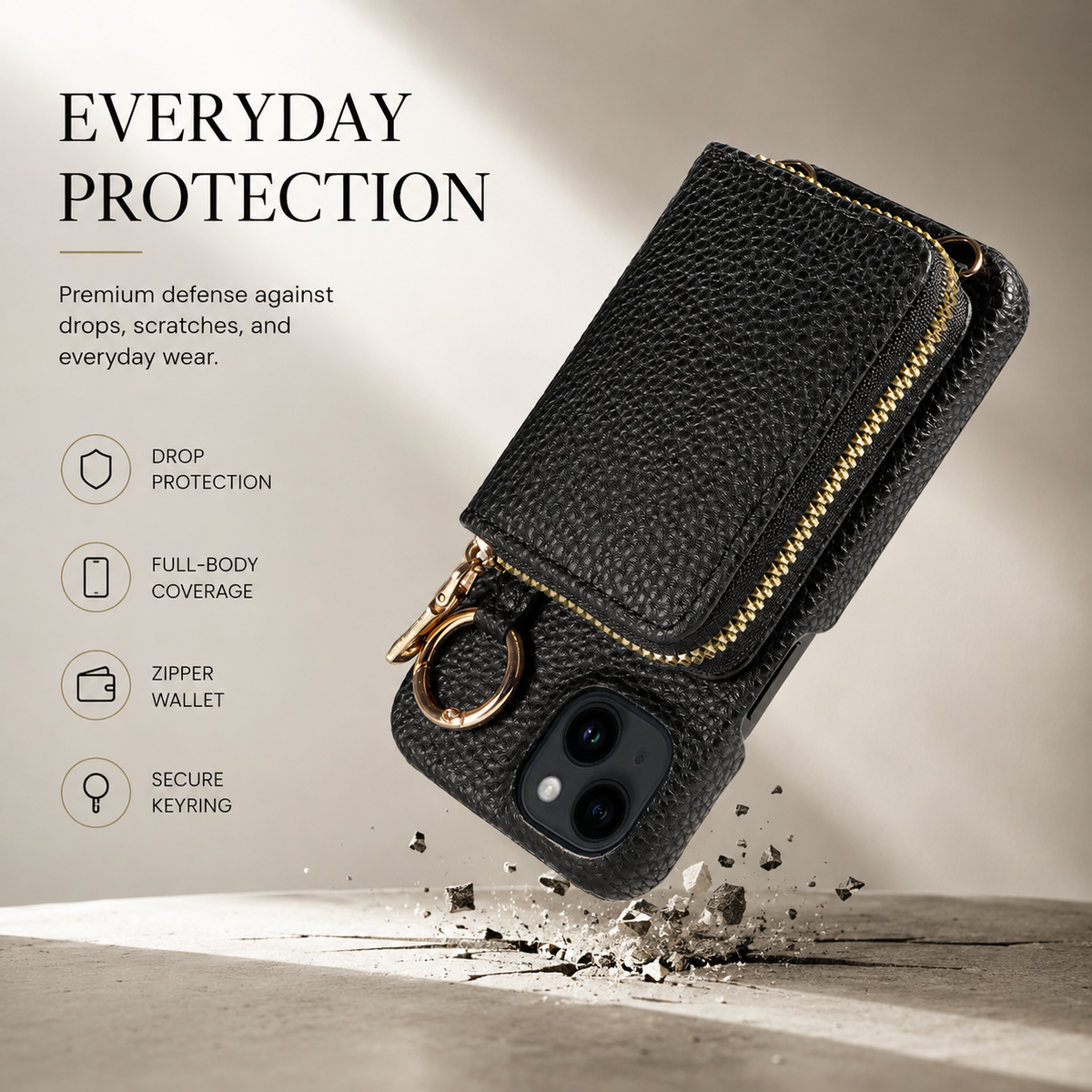 Premium iPhone Case Wallet MagSafe Compatible Zipper PU Leather Card Holder Crossbody Strap Magnetic Closure Shockproof Camera Protection Slim Design