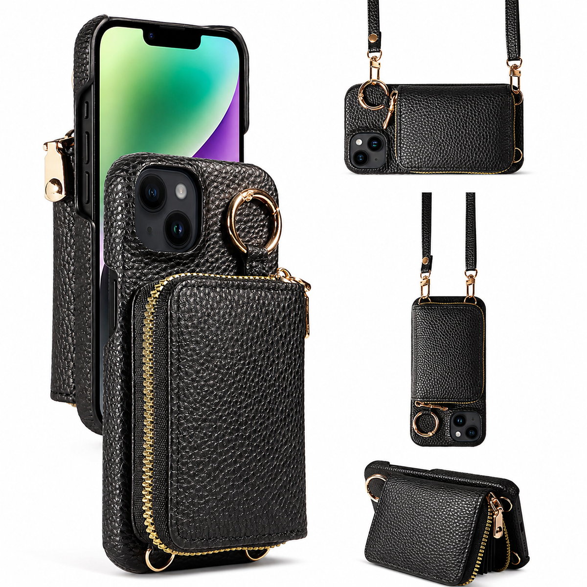 Premium iPhone Case Wallet MagSafe Compatible Zipper PU Leather Card Holder Crossbody Strap Magnetic Closure Shockproof Camera Protection Slim Design