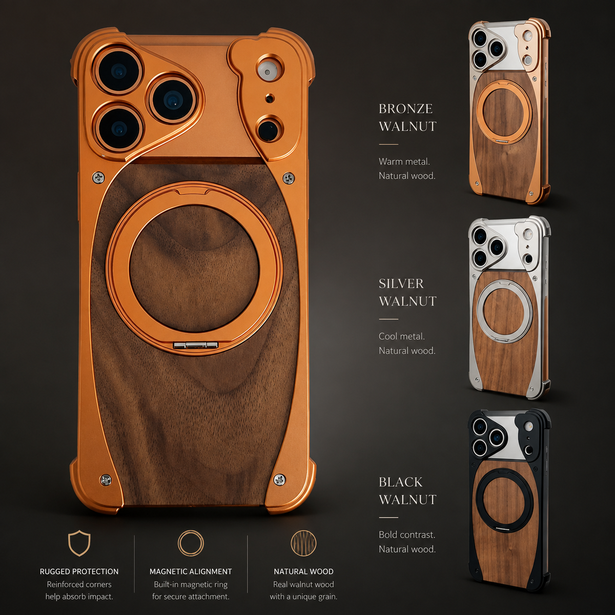 Premium iPhone Case Walnut Wood Aluminum Magnetic Cover Shockproof Drop Protection Built In Stand MagSafe Compatible Wireless Charging Luxury Hybrid Design