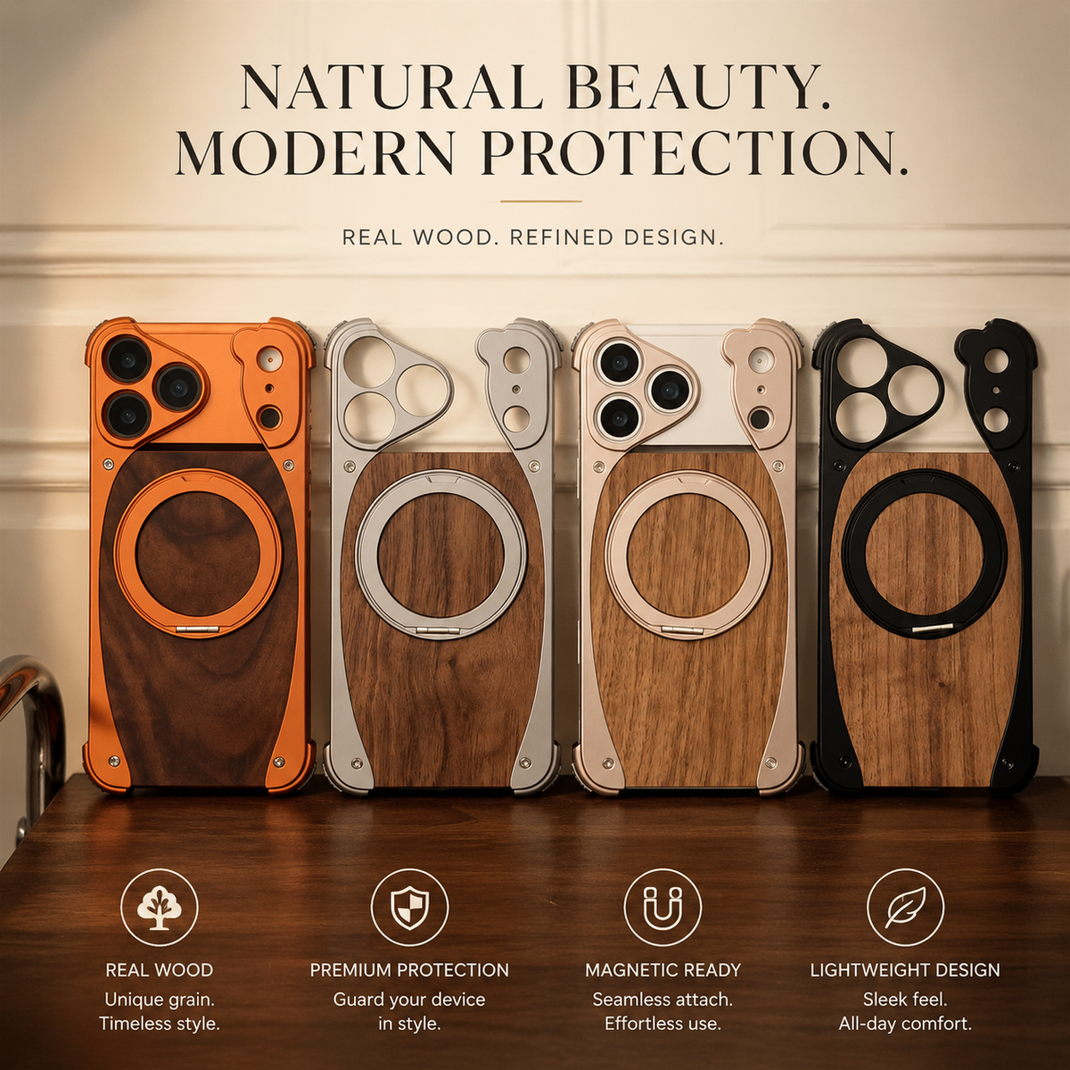 Premium iPhone Case Walnut Wood Aluminum Magnetic Cover Shockproof Drop Protection Built In Stand MagSafe Compatible Wireless Charging Luxury Hybrid Design