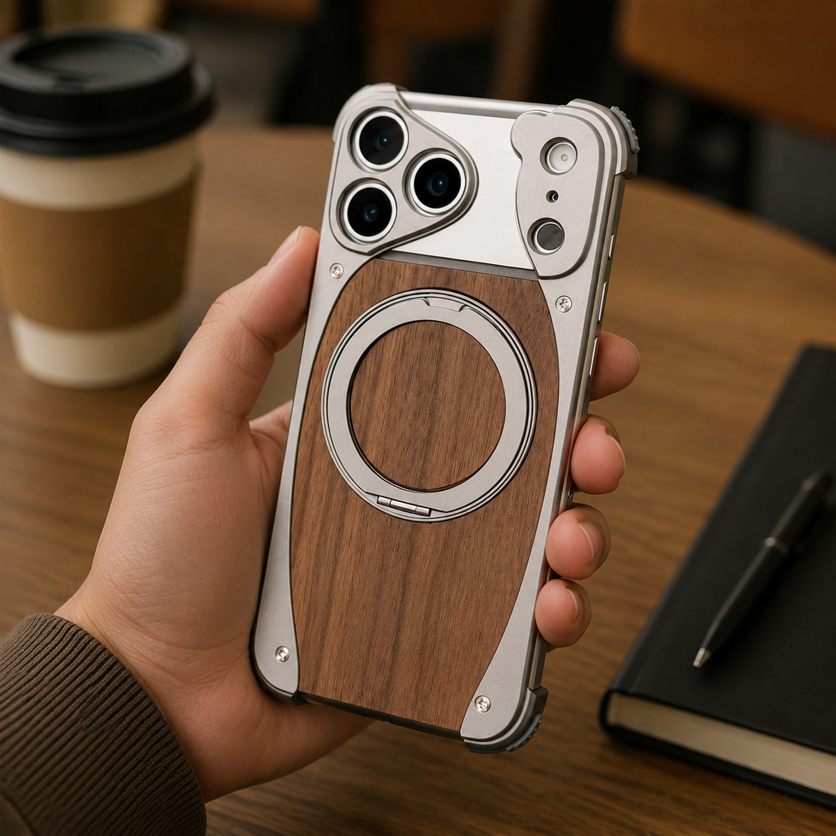 Premium iPhone Case Walnut Wood Aluminum Magnetic Cover Shockproof Drop Protection Built In Stand MagSafe Compatible Wireless Charging Luxury Hybrid Design