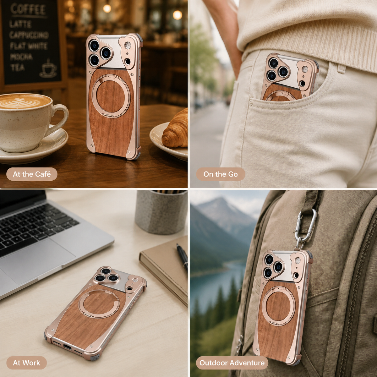 Premium iPhone Case Walnut Wood Aluminum Magnetic Cover Shockproof Drop Protection Built In Stand MagSafe Compatible Wireless Charging Luxury Hybrid Design