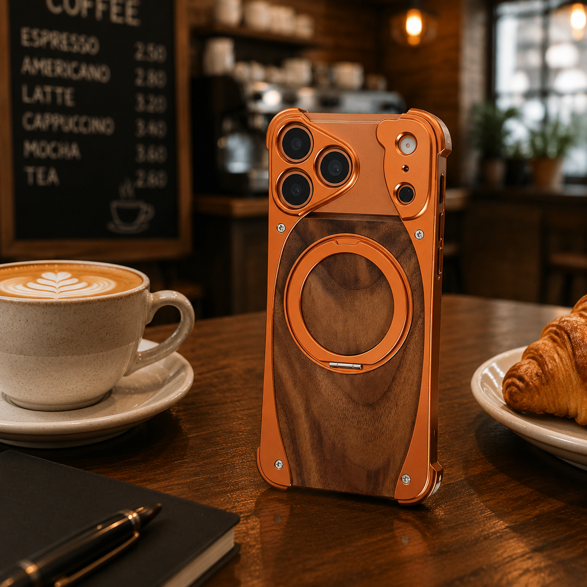 Premium iPhone Case Walnut Wood Aluminum Magnetic Cover Shockproof Drop Protection Built In Stand MagSafe Compatible Wireless Charging Luxury Hybrid Design