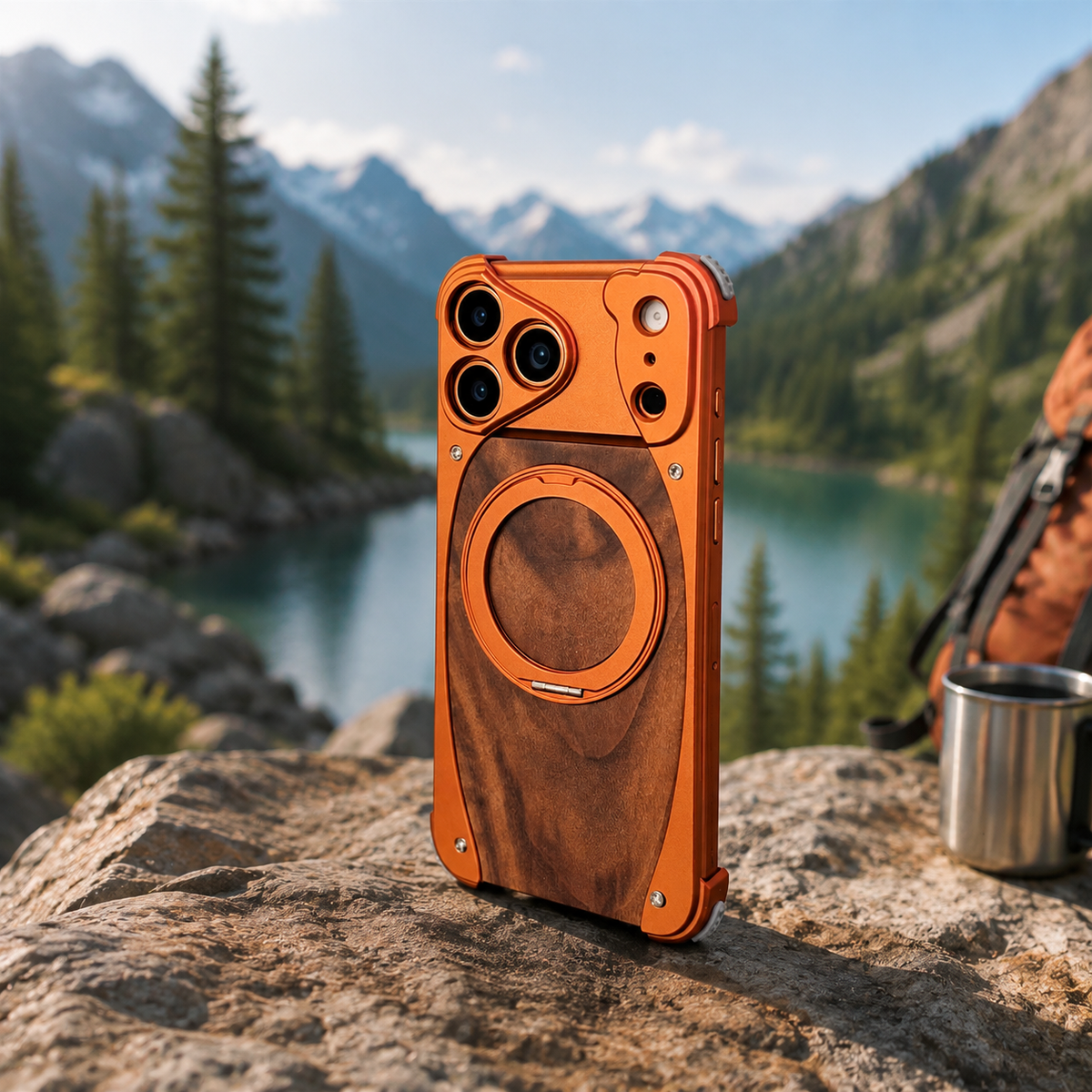 Premium iPhone Case Walnut Wood Aluminum Magnetic Cover Shockproof Drop Protection Built In Stand MagSafe Compatible Wireless Charging Luxury Hybrid Design