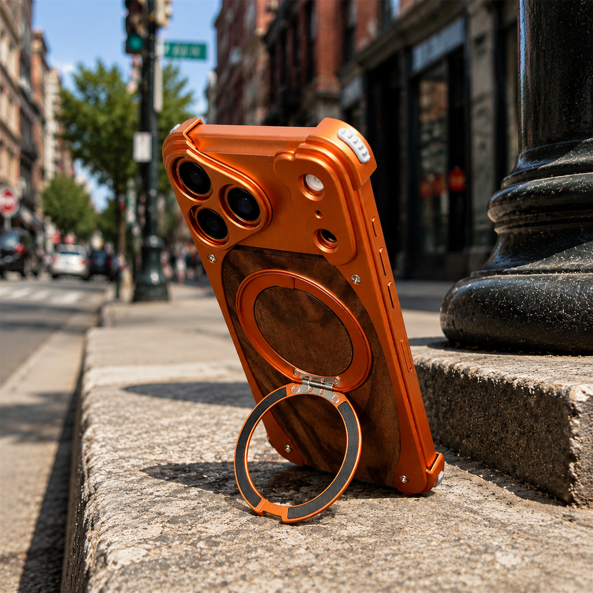 Premium iPhone Case Walnut Wood Aluminum Magnetic Cover Shockproof Drop Protection Built In Stand MagSafe Compatible Wireless Charging Luxury Hybrid Design