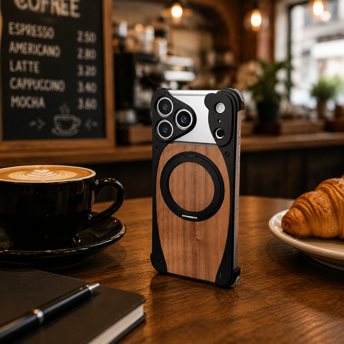 Premium iPhone Case Walnut Wood Aluminum Magnetic Cover Shockproof Drop Protection Built In Stand MagSafe Compatible Wireless Charging Luxury Hybrid Design