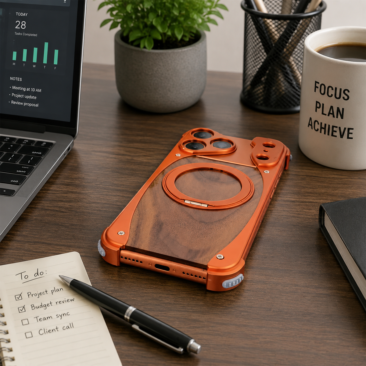 Premium iPhone Case Walnut Wood Aluminum Magnetic Cover Shockproof Drop Protection Built In Stand MagSafe Compatible Wireless Charging Luxury Hybrid Design