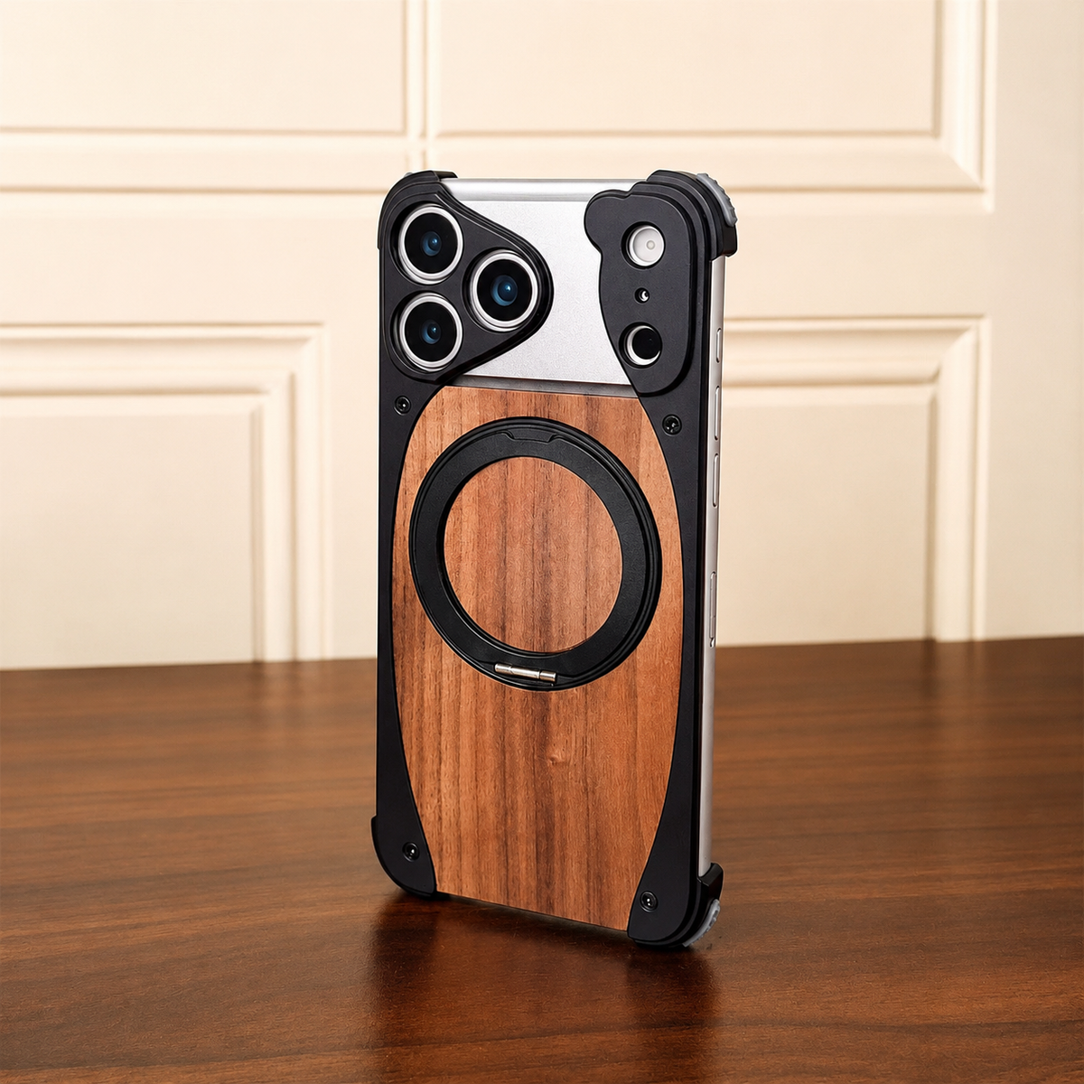 Premium iPhone Case Walnut Wood Aluminum Magnetic Cover Shockproof Drop Protection Built In Stand MagSafe Compatible Wireless Charging Luxury Hybrid Design