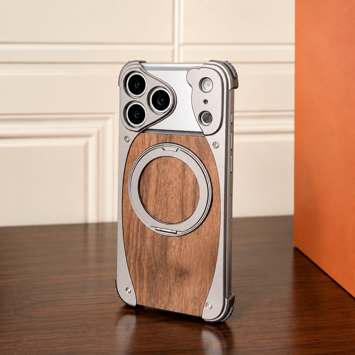 Premium iPhone Case Walnut Wood Aluminum Magnetic Cover Shockproof Drop Protection Built In Stand MagSafe Compatible Wireless Charging Luxury Hybrid Design