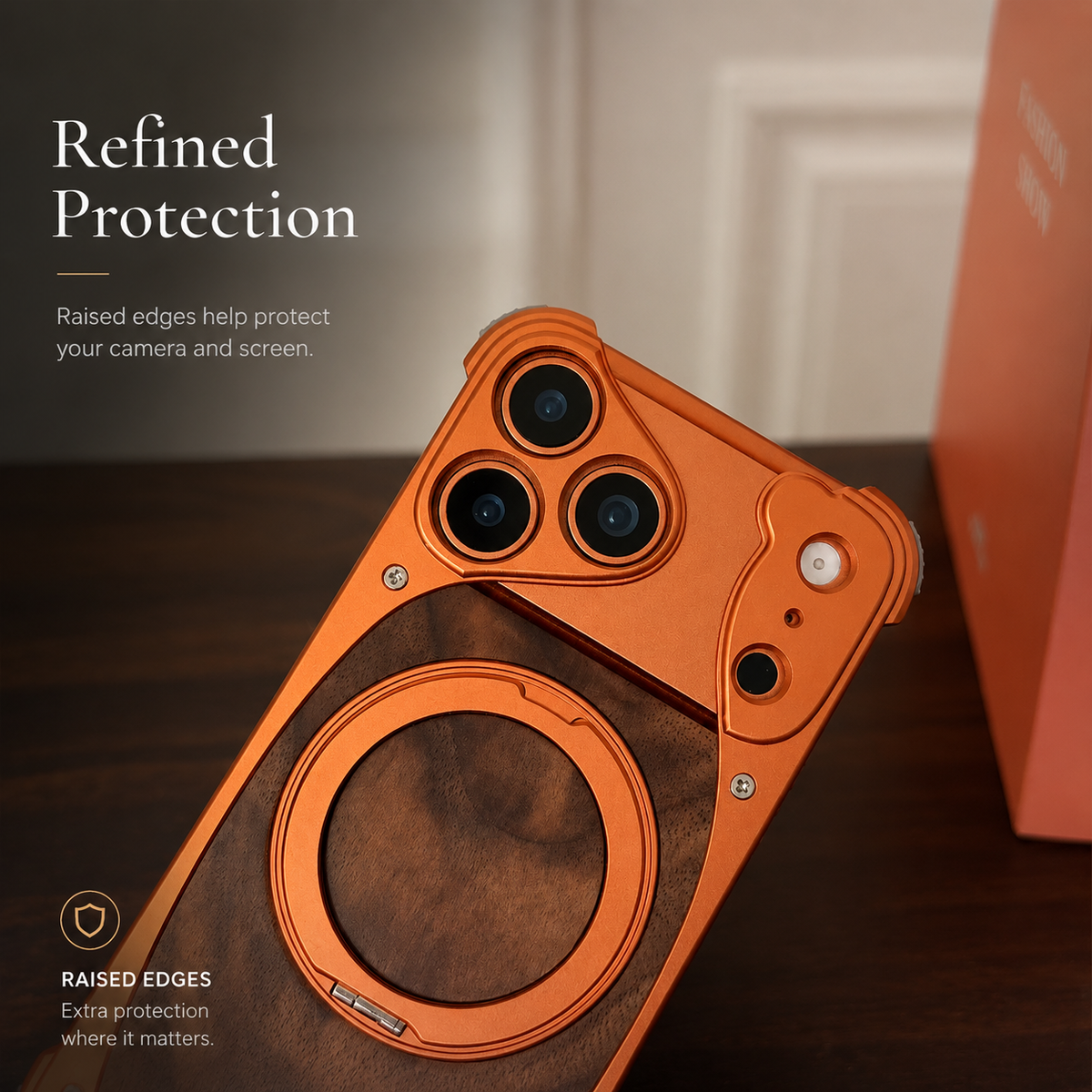 Premium iPhone Case Walnut Wood Aluminum Magnetic Cover Shockproof Drop Protection Built In Stand MagSafe Compatible Wireless Charging Luxury Hybrid Design