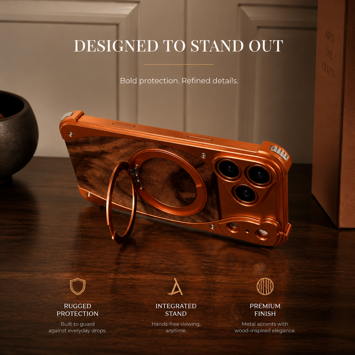 Premium iPhone Case Walnut Wood Aluminum Magnetic Cover Shockproof Drop Protection Built In Stand MagSafe Compatible Wireless Charging Luxury Hybrid Design